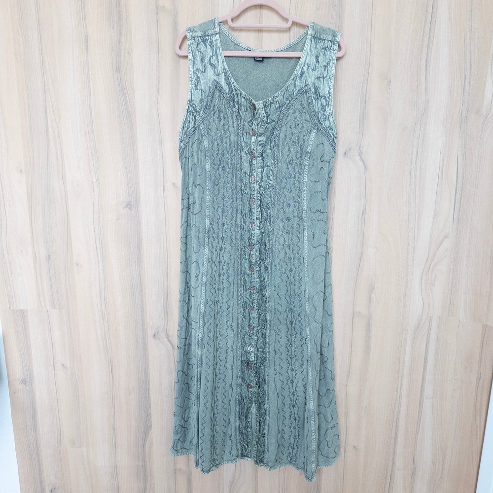 Flower Embroidered Midi Dress XL Green Button Front Boho Forfest Fairy Hippie